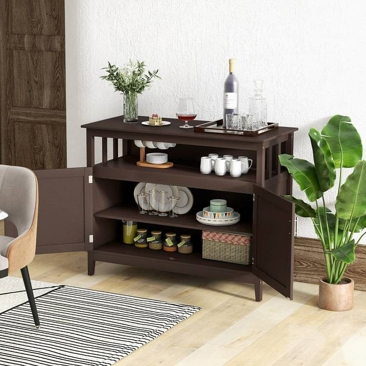Dark Brown Wood 2-Door Dining Buffet Sideboard Cabinet with Open Storage Shelf - Free Shipping 