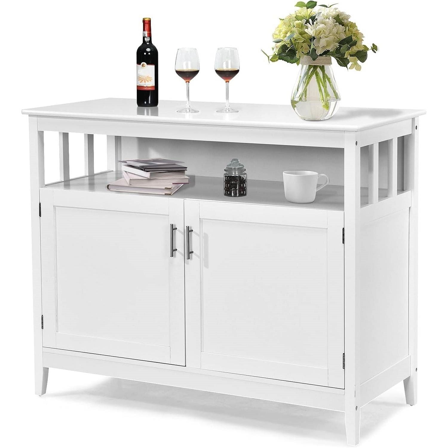 White Wood 2-Door Dining Buffet Sideboard Cabinet with Open Storage Shelf - Free Shipping 