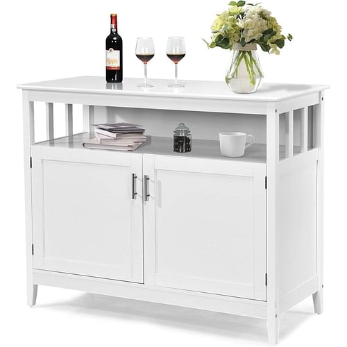 White Wood 2-Door Dining Buffet Sideboard Cabinet with Open Storage Shelf - Free Shipping 