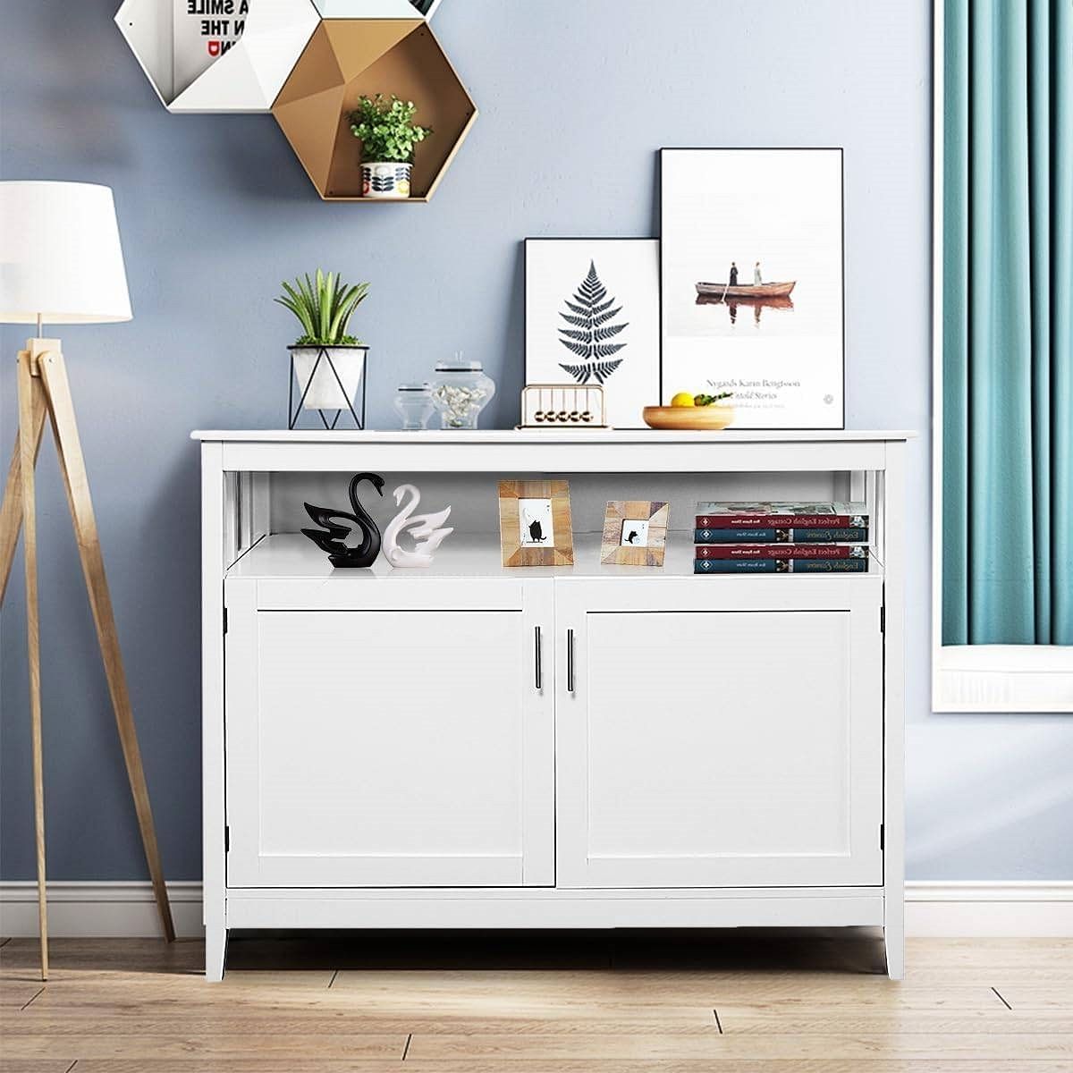 White Wood 2-Door Dining Buffet Sideboard Cabinet with Open Storage Shelf - Free Shipping 