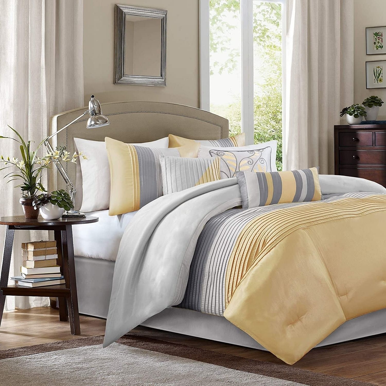 Queen Size 7 Piece Bed In A Bag Comforter Set Faux Silk Yellow Gray Stripes - Free Shipping 