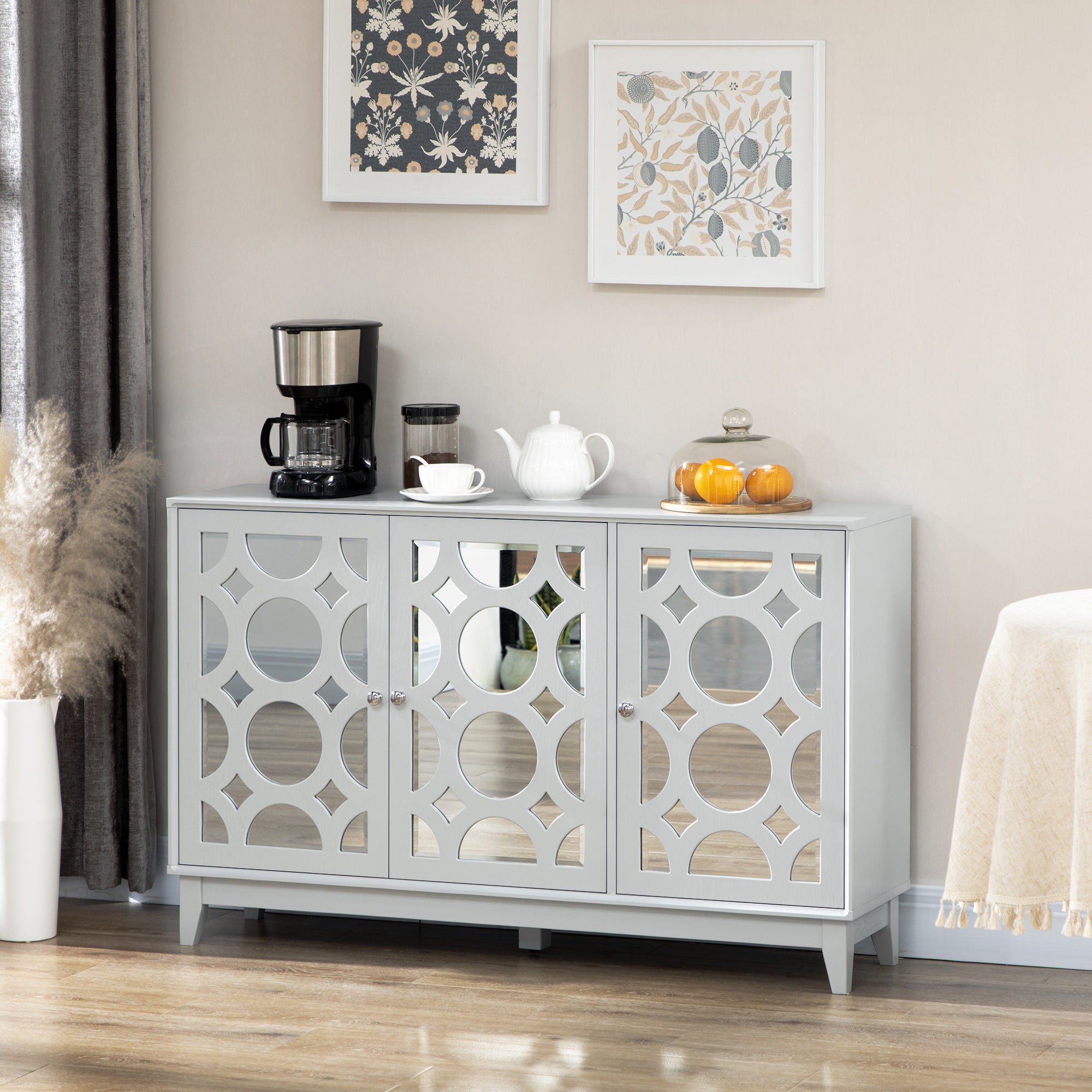 HOMCOM Grey Mirrored Door Buffet Table: Sideboard Kitchen Bar Cabinet with 3 Doors, 2 Cabinets and Adjustable Shelf 