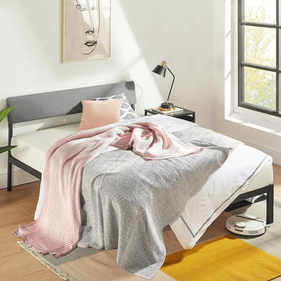 Queen Size Grey Soft Fabric Metal Headboard Platform Bed Wooden Slats - Free Shipping 