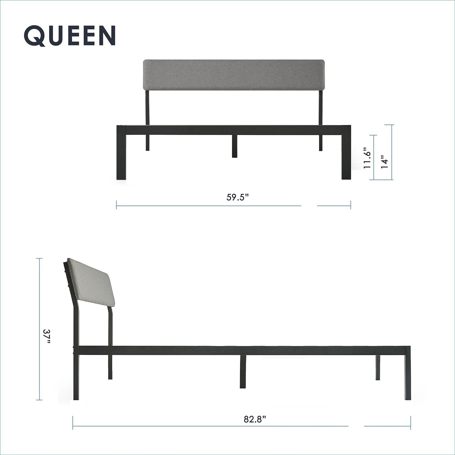 Queen Size Grey Soft Fabric Metal Headboard Platform Bed Wooden Slats - Free Shipping