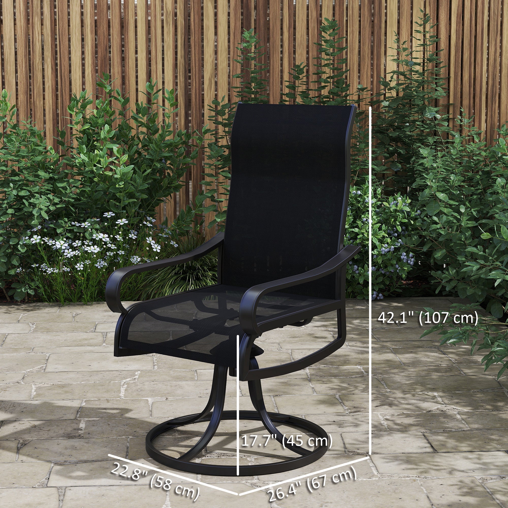 Outsunny 2-Piece Patio Swivel Chairs, 360° Swivel Rocking Chairs with Curved Armrests, S Shape Backrest, Breathable Mesh Seat & Backrest for Yard, Lawn, Porch, Garden, Black 