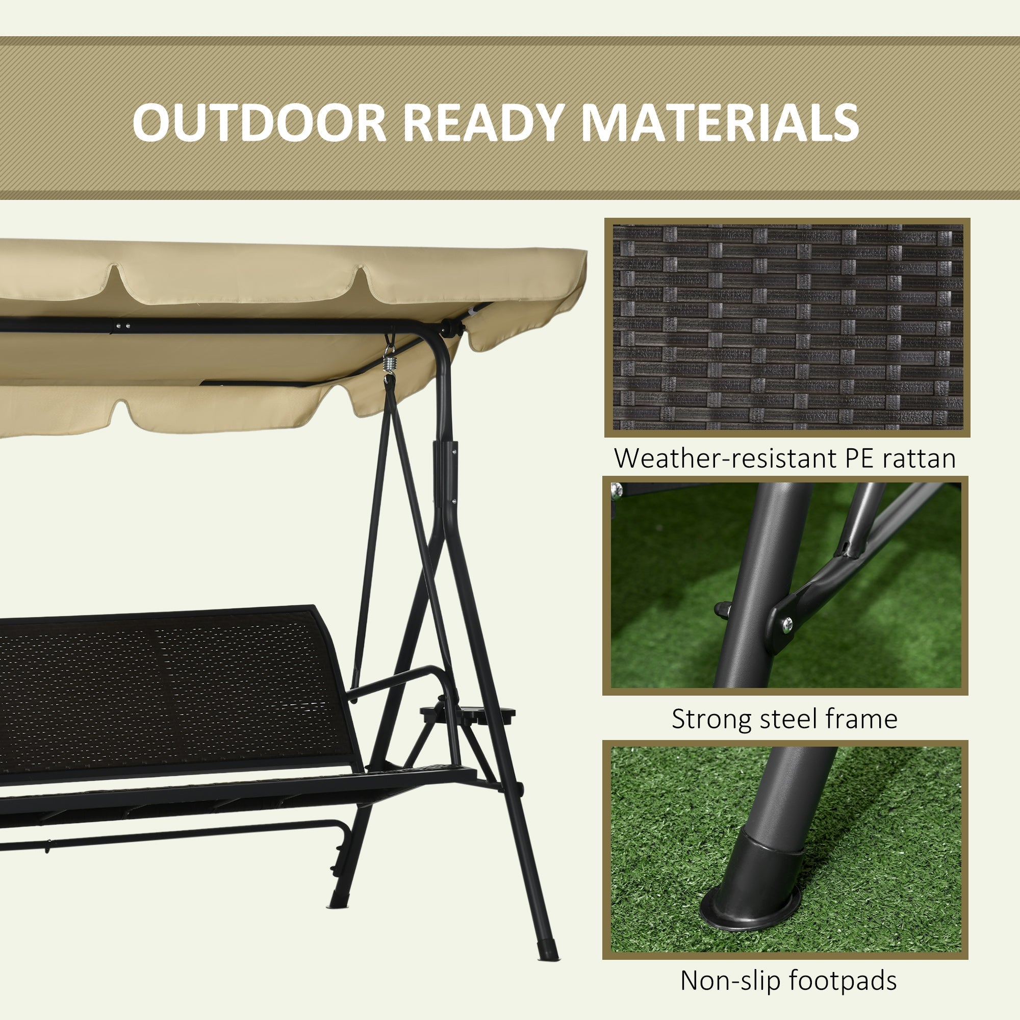 Outsunny Outdoor 3-Seat Porch Swing with Canopy: Rattan Seat, Removable Cushion, Pillows, Steel Frame for Patio Comfort 
