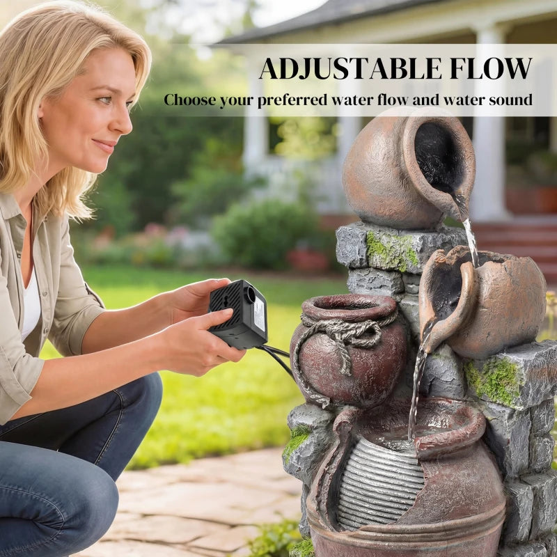Outdoor Fountain with 4-Tier Rustic Pot Design, Cascading Rock Waterfall with LED Lights and Adjustable Flow