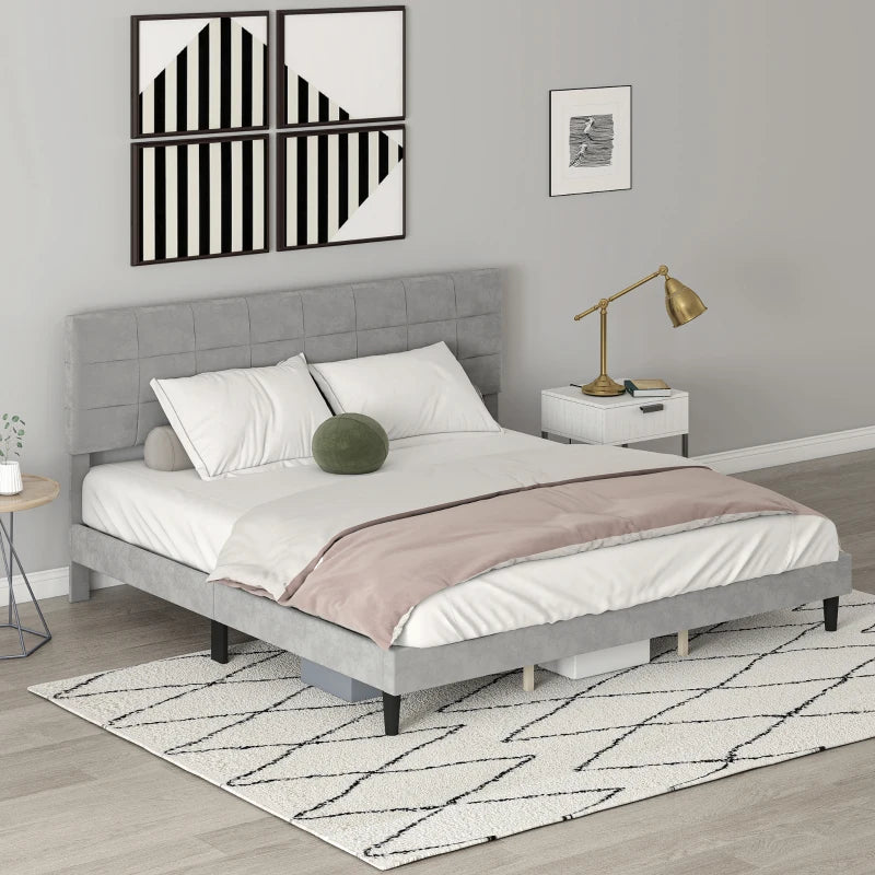 King Size Bed Frame with Upholstered Headboard, Modern Platform Bed Frame with Wood Slats, 1100 lbs Capacity, Grey