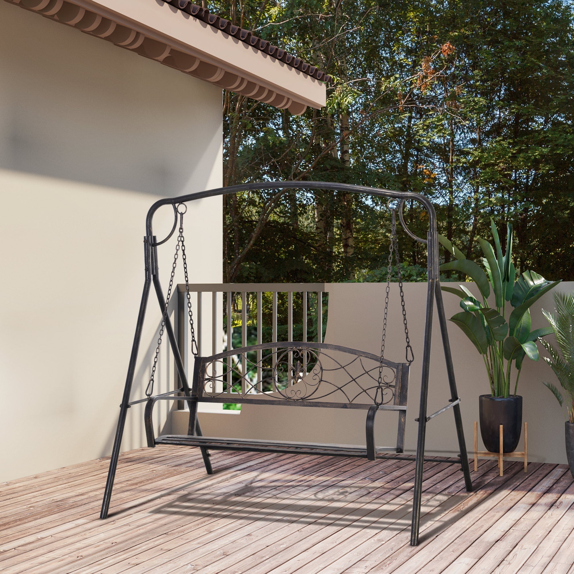 Outsunny 2 Seater Porch Swing Chair, Weather Resistant Outdoor Swing Seat with Metal Frame for Garden, Backyard, Lawn, Black 