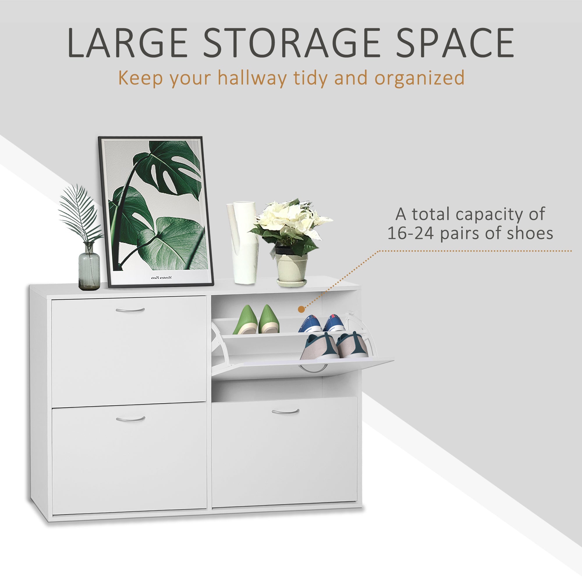 HOMCOM Entryway Shoe Organizer, Modern Wooden Shoe Rack Cabinet with 4 Flip Down Drawers, Ample Storage Space in White 