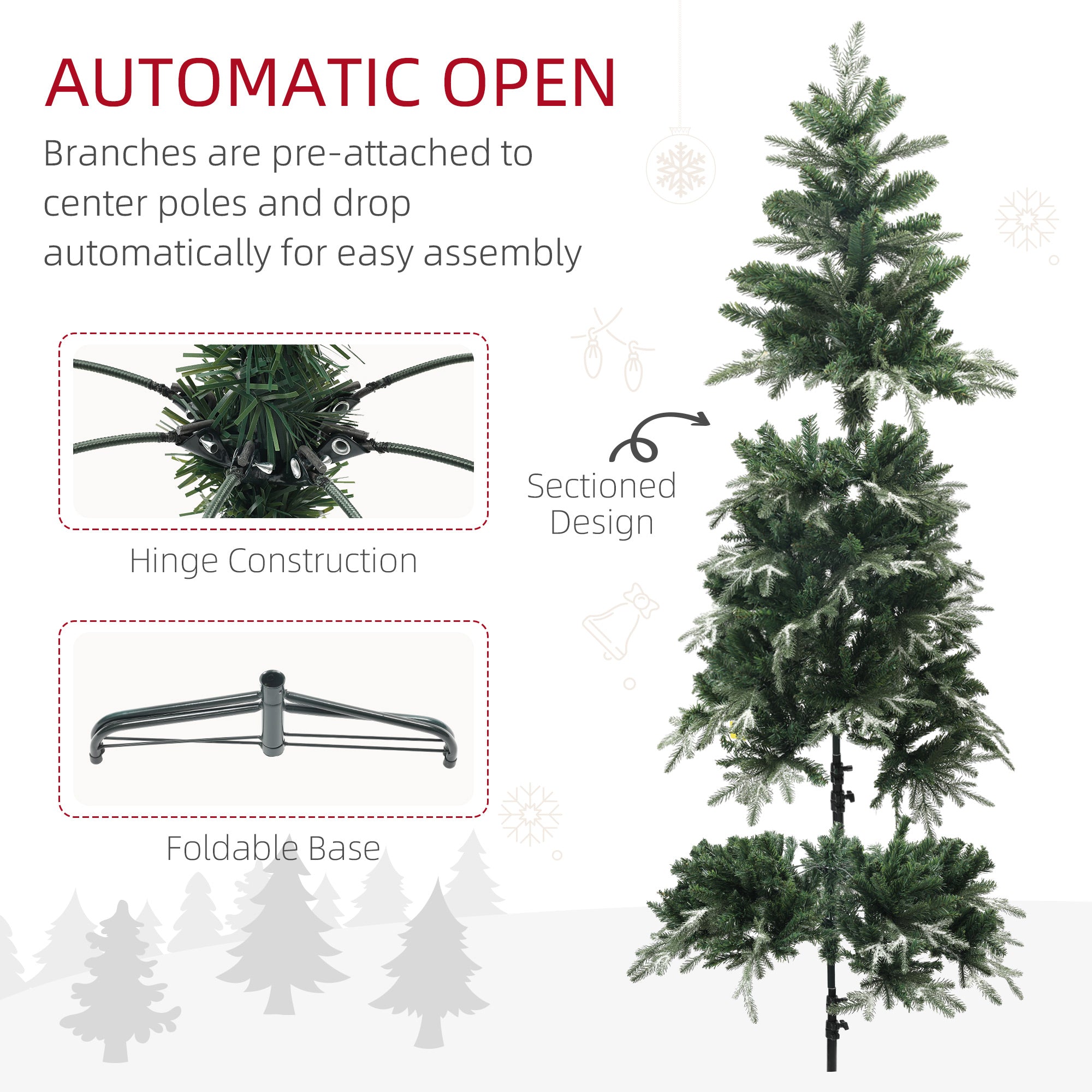 HOMCOM 6ft Flocked Christmas Tree, Artificial Christmas Tree with 850 Branch Tips, Metal Base, Automatic Open, Green 