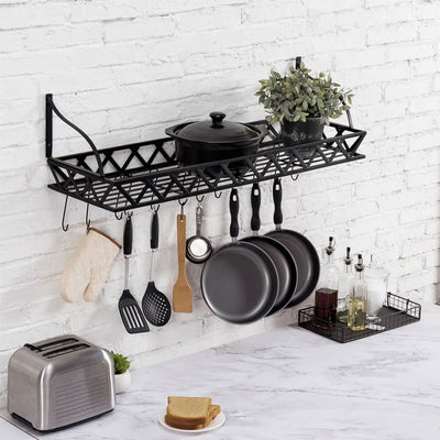 Black Metal Rectangular Wall Mounted Kitchen Pot Rack with 12 Hanging Hooks - Free Shipping 