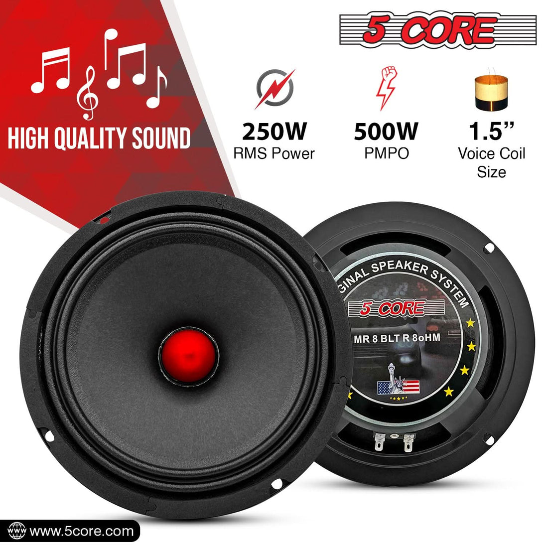 5Core 8 Inch Midrange Door Speaker 500W PMPO Subwoofer w Aluminum Bullet 8Ω Sub Woofer