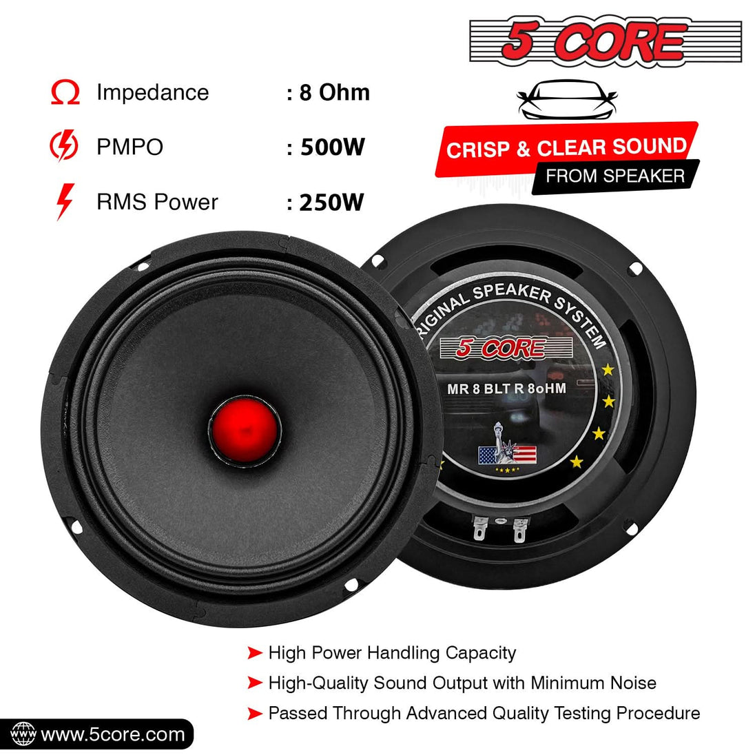 5Core 8 Inch Midrange Door Speaker 500W PMPO Subwoofer w Aluminum Bullet 8Ω Sub Woofer