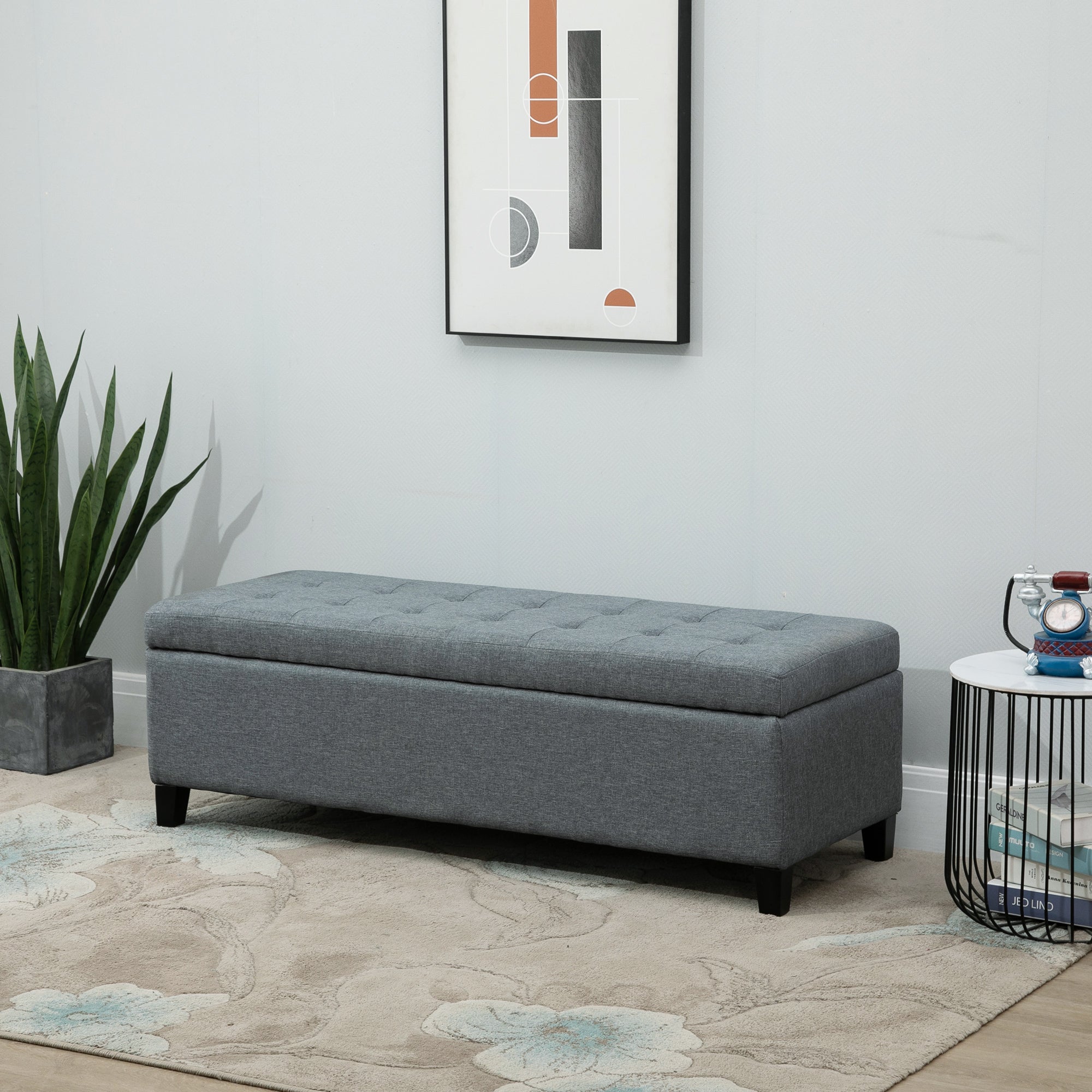 HOMCOM 50" Large Rectangular Ottoman Bench Tufted Linen Fabric Wood Feet Grey Contemporary Living Room Decor 