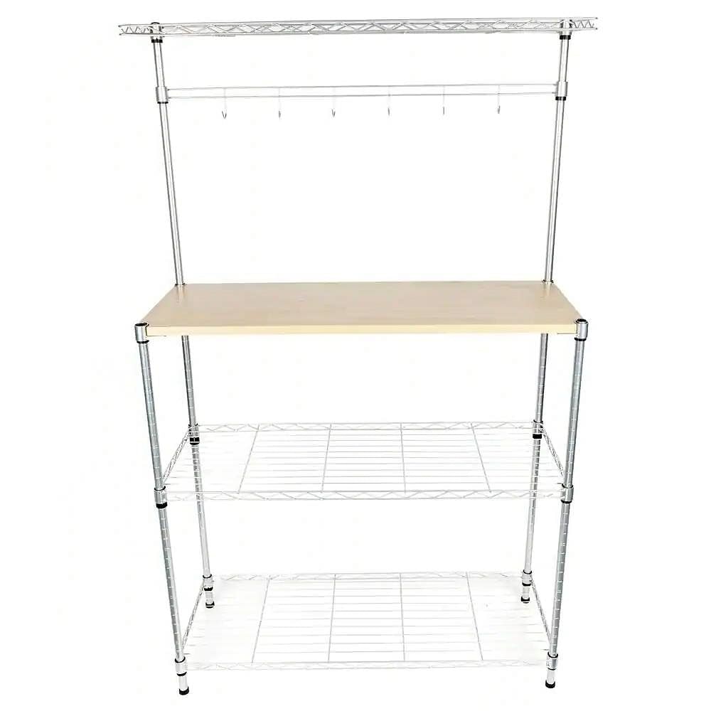 Carbon Steel Kitchen Bakers Rack with MDF Wood Shelf and Hanging Bar with Hooks - Free Shipping 