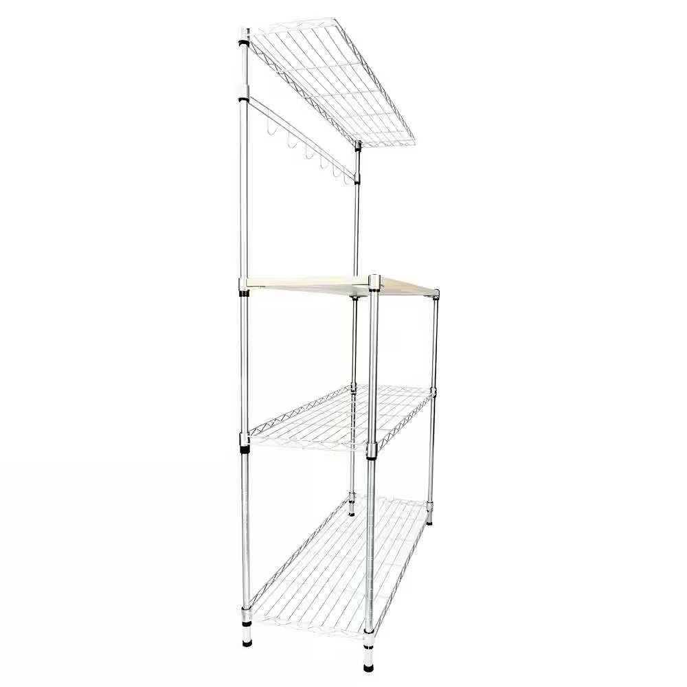 Carbon Steel Kitchen Bakers Rack with MDF Wood Shelf and Hanging Bar with Hooks - Free Shipping 