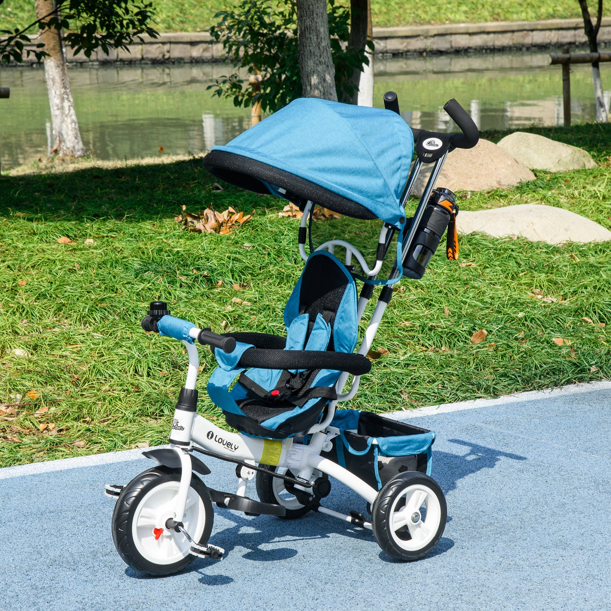 Qaba 6-in-1 Kids Tricycle Stroller with Safety Harness, Canopy, Basket for Ages 1-5, Blue - Perfect Outdoor Toy 