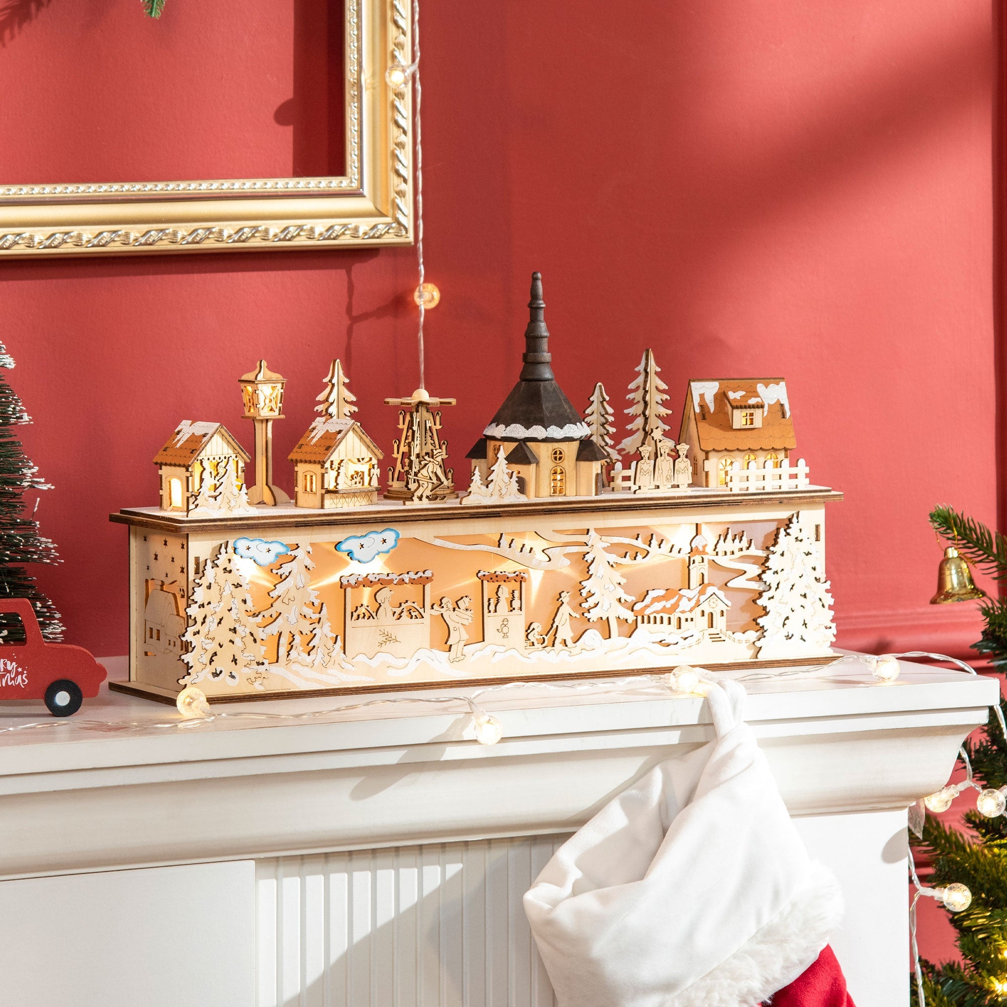 HOMCOM Desktop Christmas Decoration, Christmas Village Houses with Church, Windmill Battery Operated, Natural Wood 