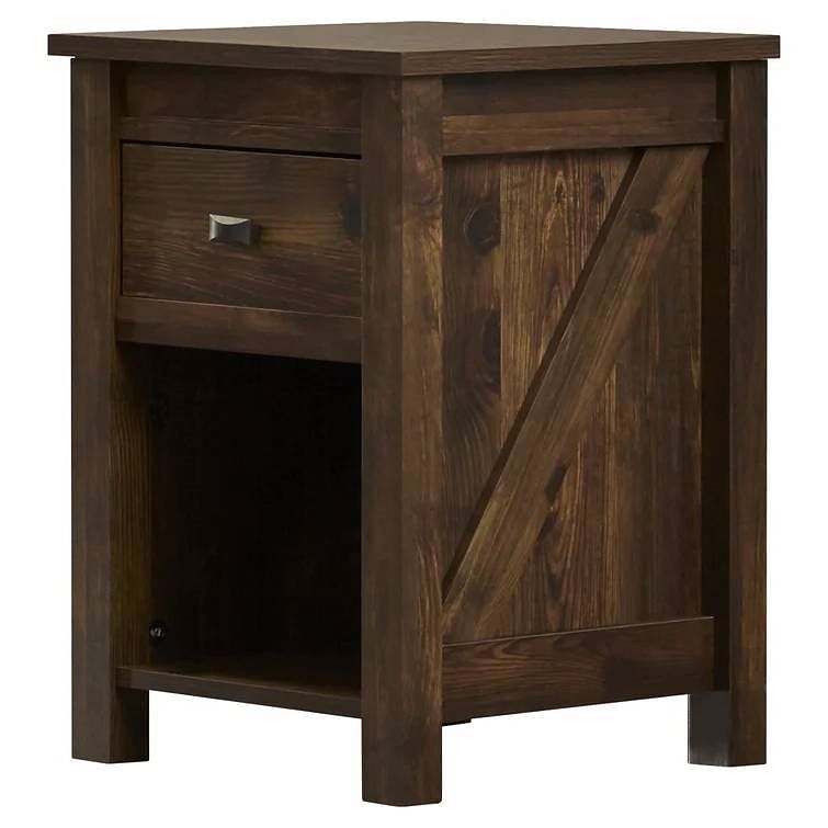 Farmhouse 1-Drawer Bedroom Nightstand with Open Shelf in Rustic Pine Finish - Free Shipping