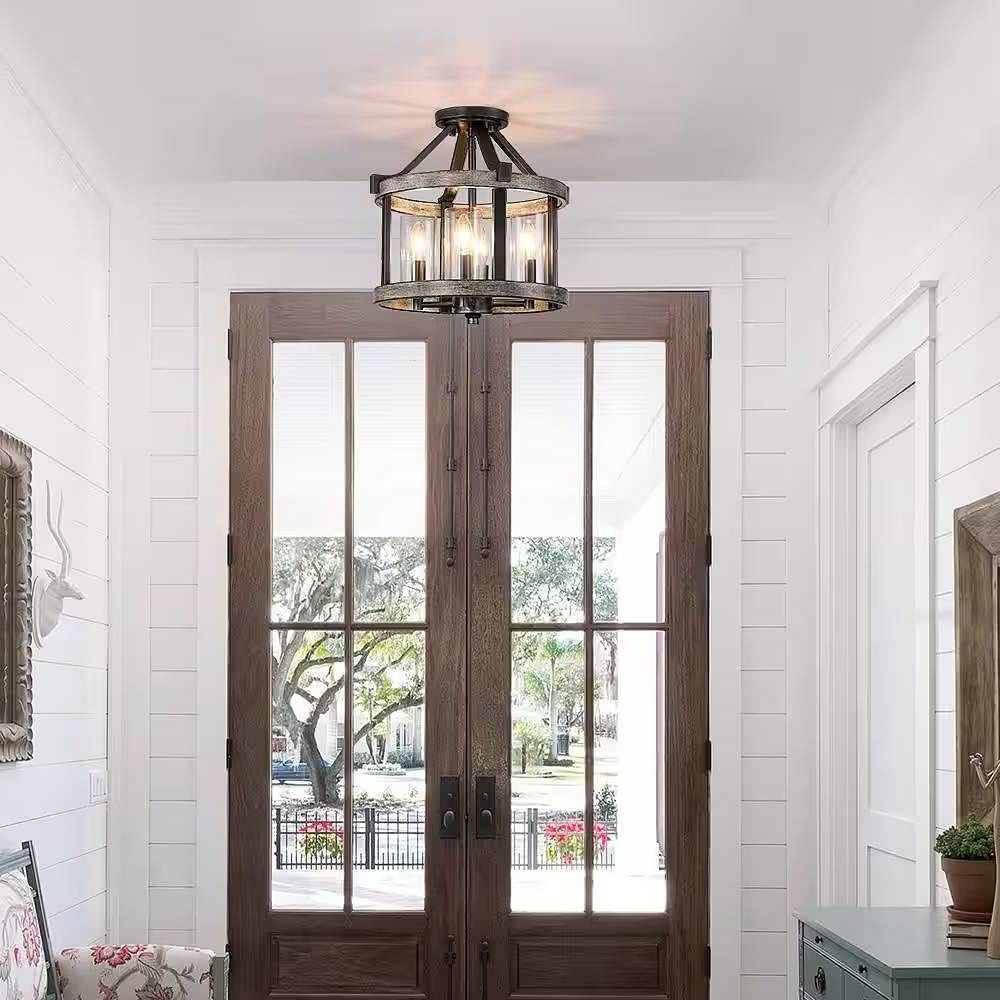 Round 4-Light 12.5-inch Metal Wood Farmhouse Ceiling Lamp - Semi-Flush Mount - Free Shipping