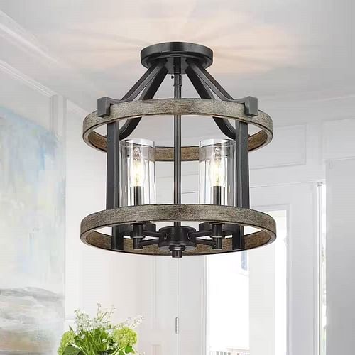 Round 4-Light 12.5-inch Metal Wood Farmhouse Ceiling Lamp - Semi-Flush Mount - Free Shipping 