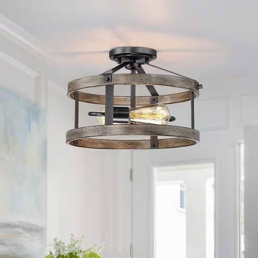 Round 13-inch Metal Wood Farmhouse 2-Light Ceiling Lamp - Semi-Flush Mount - Free Shipping 
