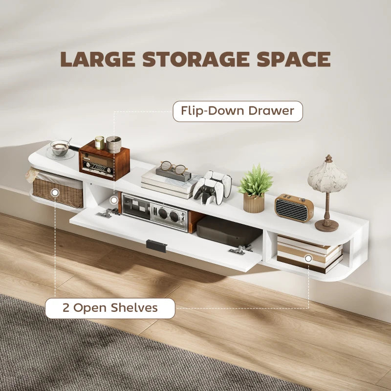 55" Floating TV Stand for TVs up to 60 Inch, Wall Mounted Media Console with Flip Drawer and 2 Open Shelves, White
