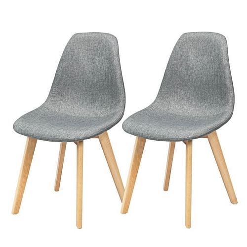 Set of 2 Mid-Century Modern Gray Linen Upholstered Dining Chair with Wood Legs - Free Shipping