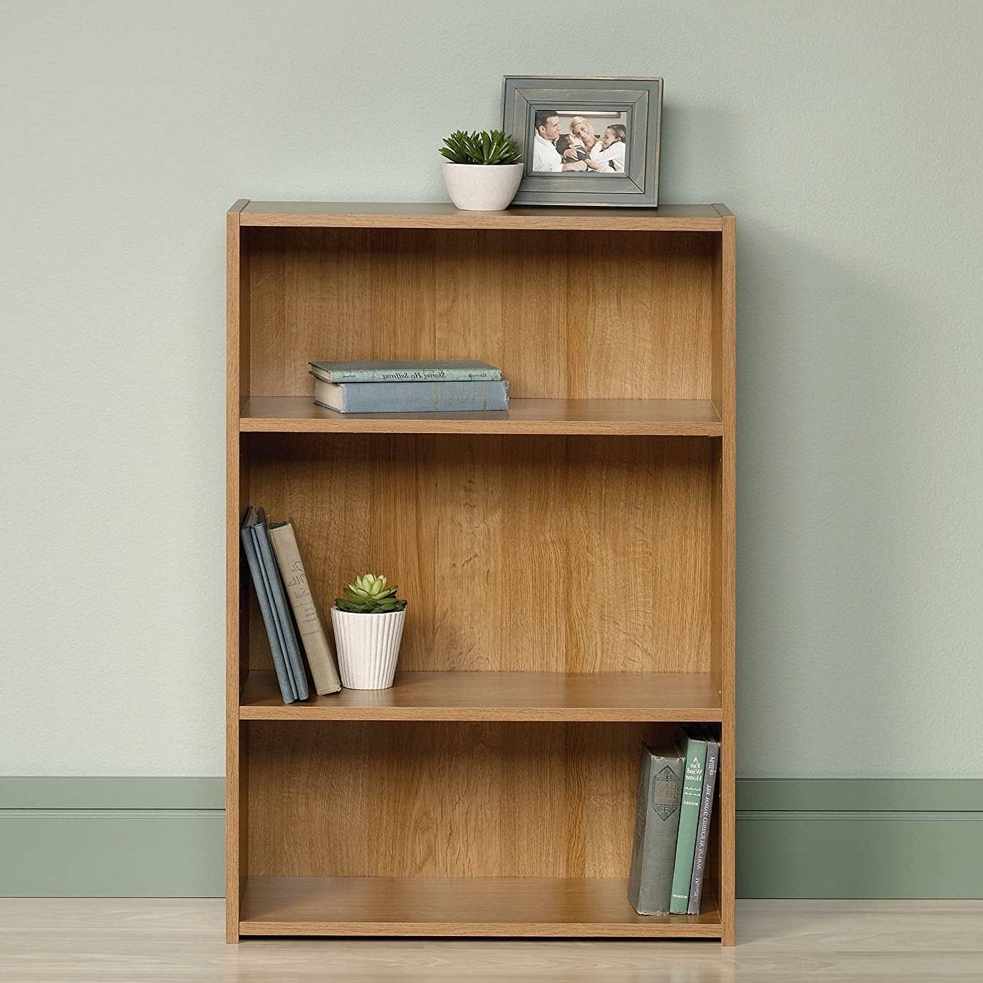 Modern 3-Shelf Bookcase with 2 Adjustable Shelves in Oak Wood Finish - Free Shipping