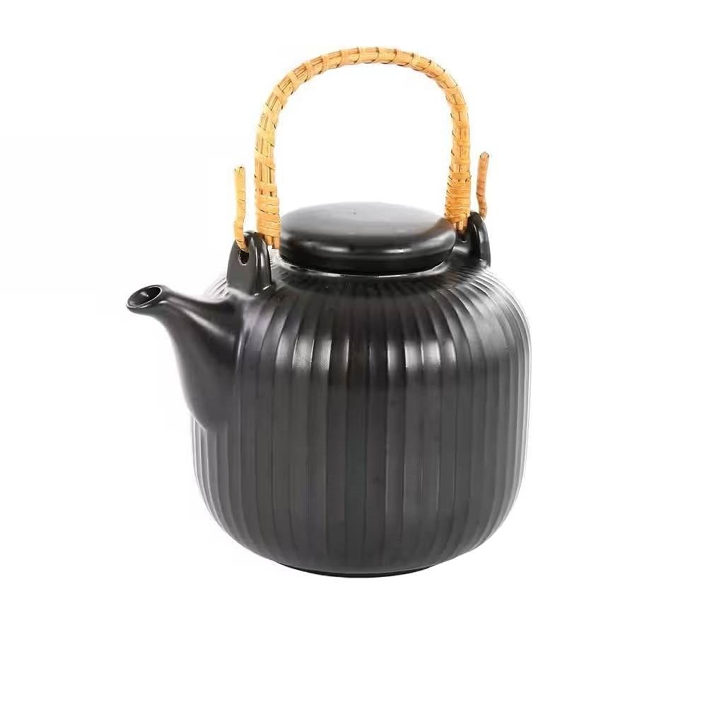 1.2 Quart Black Stoneware Teapot Kettle with Rattan Handle - Free Shipping