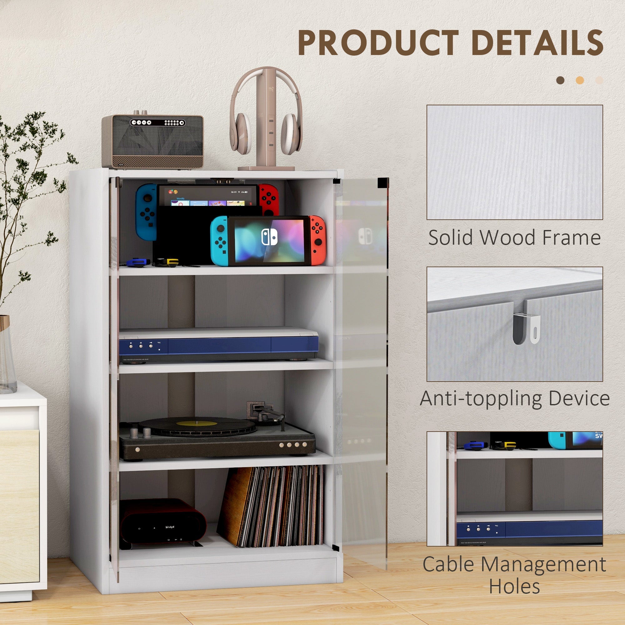 HOMCOM Distressed White Media Stand: 5-Tier with Adjustable Shelves, Tempered Glass & Cable Management 