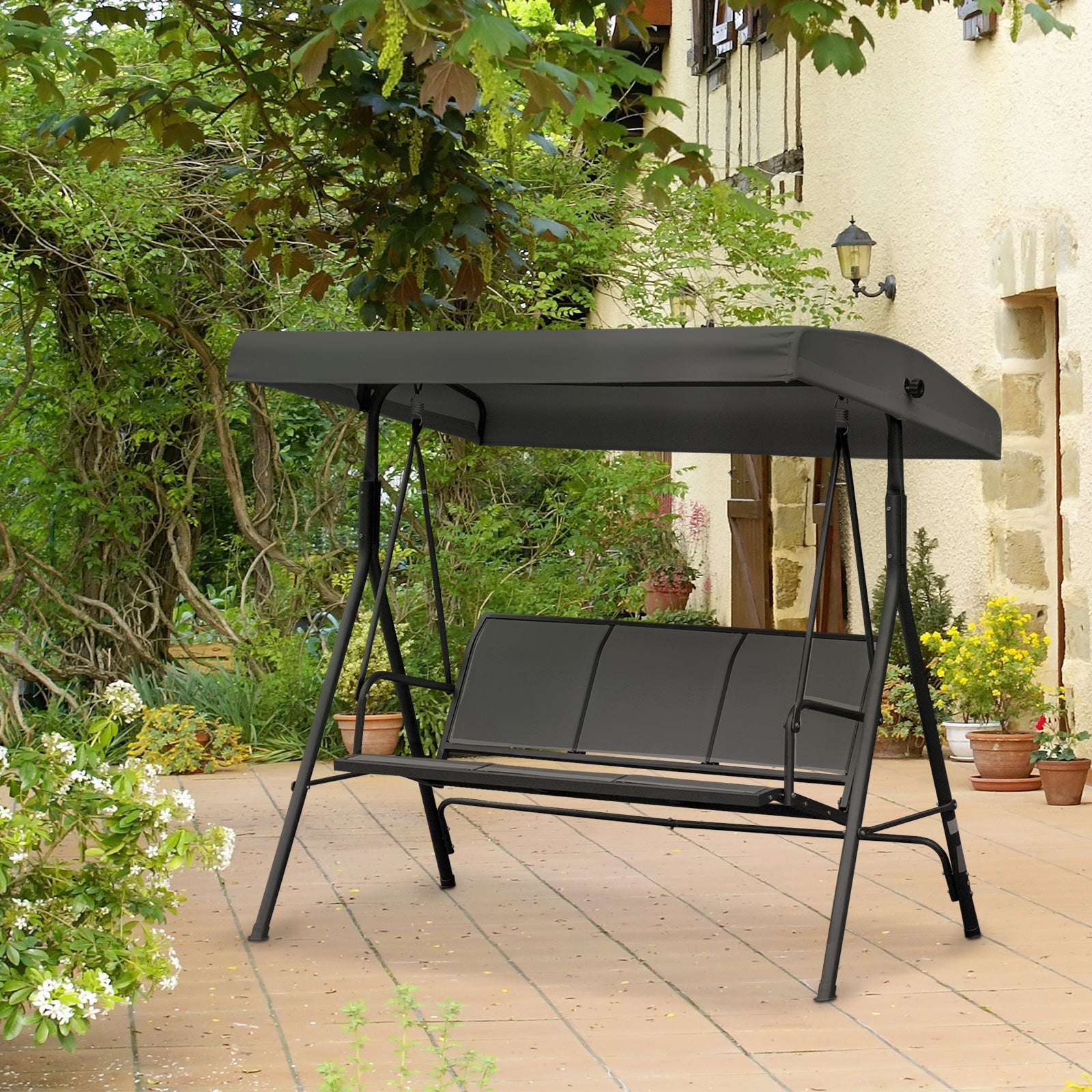 Outsunny 3-Seater Swing Chair Covered Garden Hammock A-Frame Outdoor Porch Glider Sling Seat with Adjustable Canopy Cover, Black 