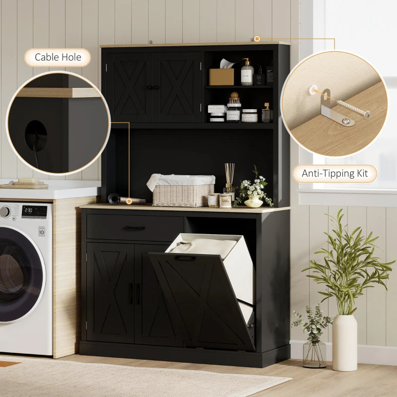 69" Pantry Cabinet with Charging Station, Kitchen Cabinet with Microwave Stand, Tilt-Out Trash Can Cabinet, Black