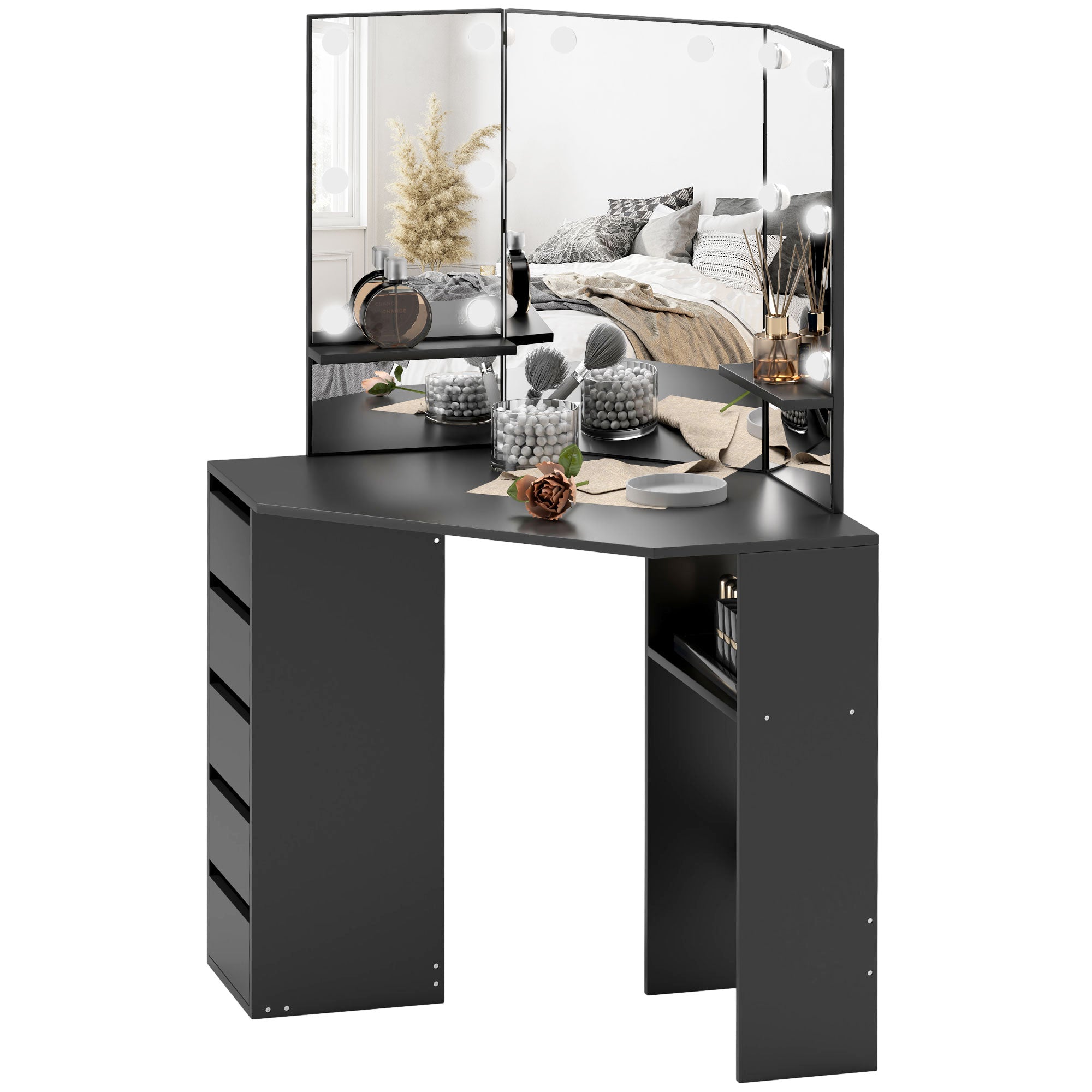 HOMCOM Makeup Vanity Desk with 3-Panel Mirror and 10 LED Lights, Dressing Table with 5 Drawers and Shelves for Bedroom, Black 