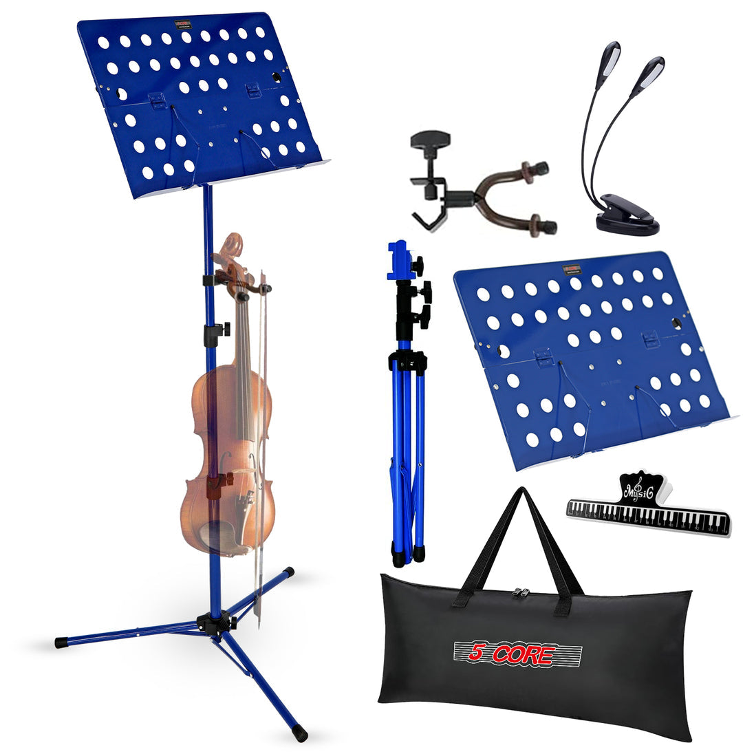 5Core Portable Music Stand for Sheet Music Adjustable Tripod Folding Note Holder Blue