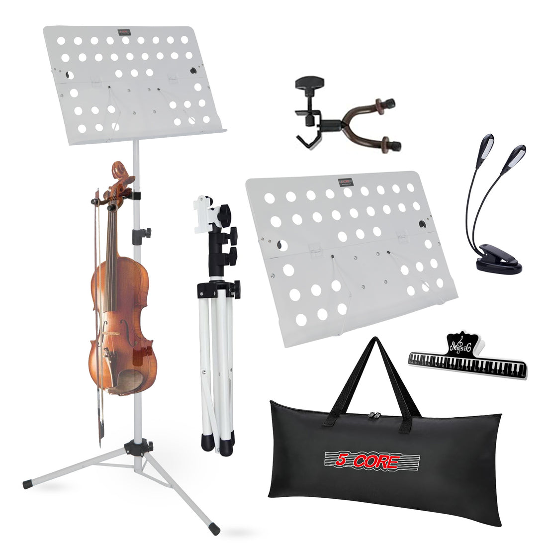 5Core Portable Music Stand for Sheet Music Adjustable Tripod Folding Note Holder White