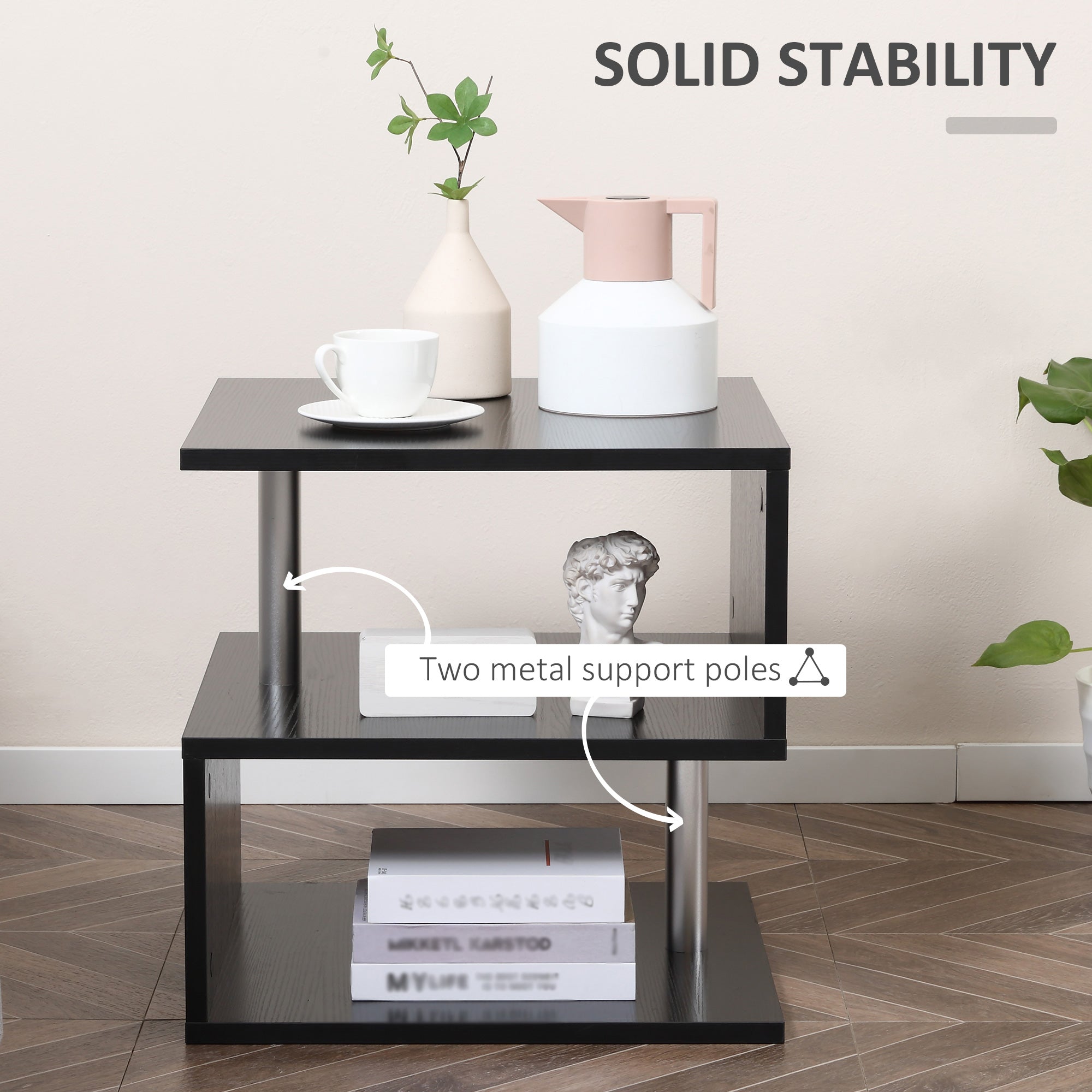 HOMCOM S-Shaped Side Table: 3-Tier Black Storage Shelves & Versatile Coffee Table Design 