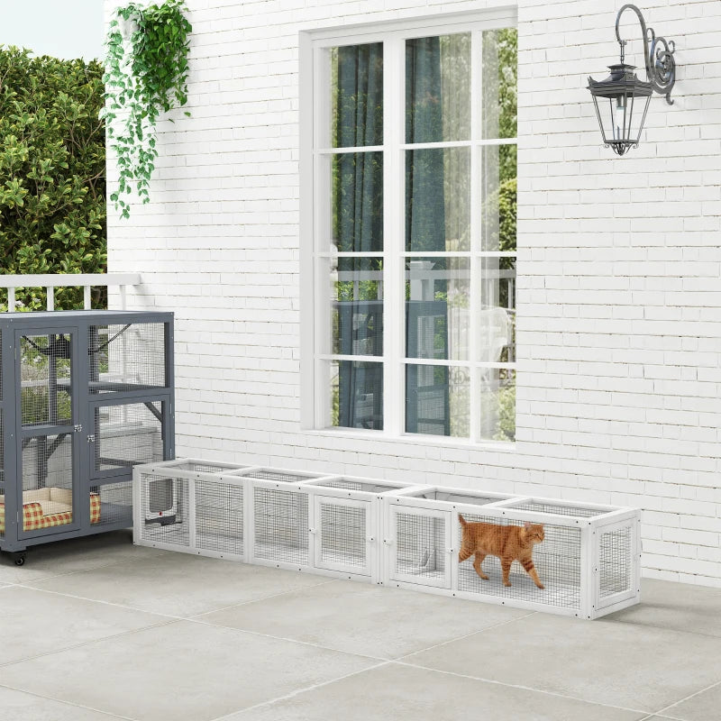Cat Tunnel, Outdoor Cat Enclosure with Combinable Design, 8 Doors, 98" Kitty Toys for House, Window, Cage, White
