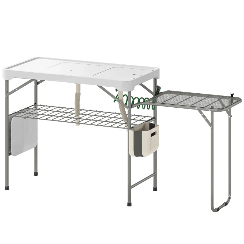 Fish Cleaning Table Folding Sink Portable Camping Sink with Side Shelf & Bottom Rack for Outdoor White