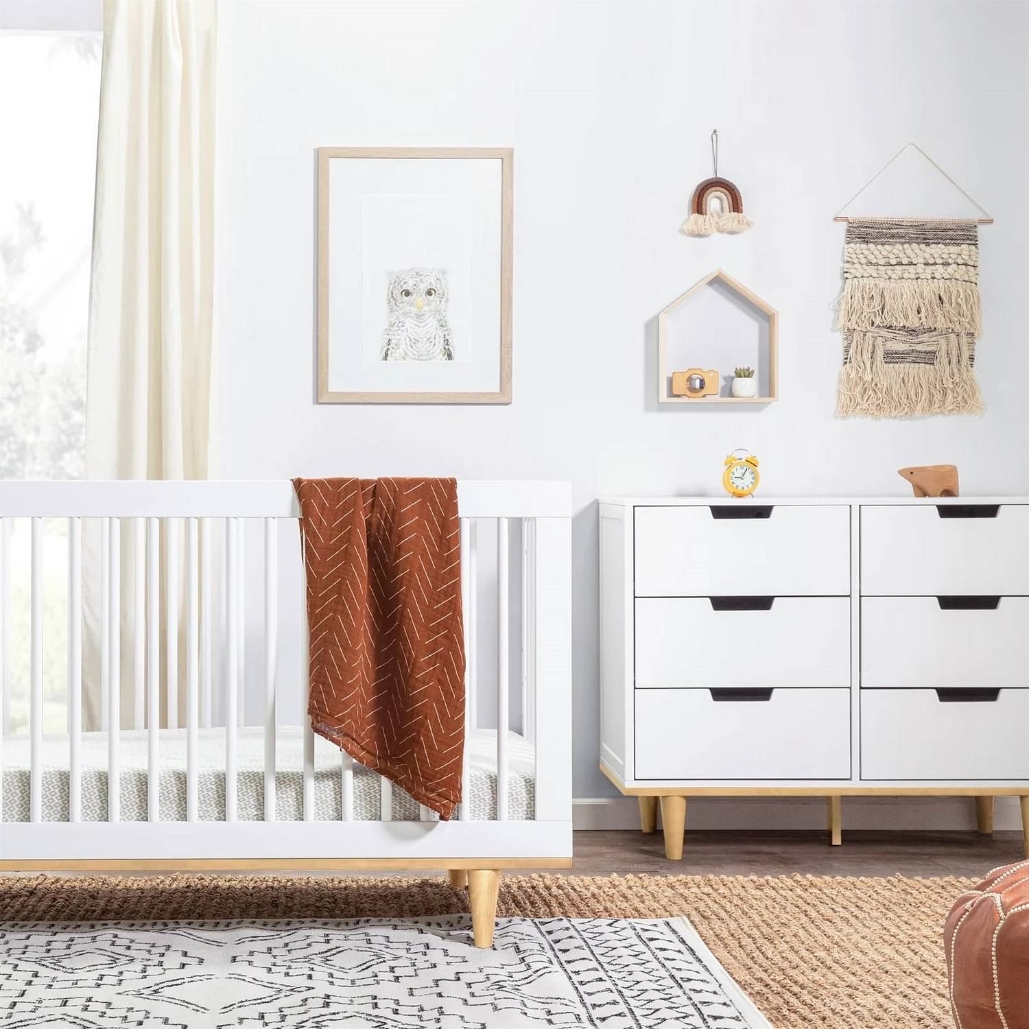 Modern Mid-Century Style 6-Drawer Double Dresser in White Natural Wood Finish - Free Shipping 