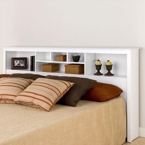 King size Stylish Bookcase Headboard in White Wood Finish - Free Shipping