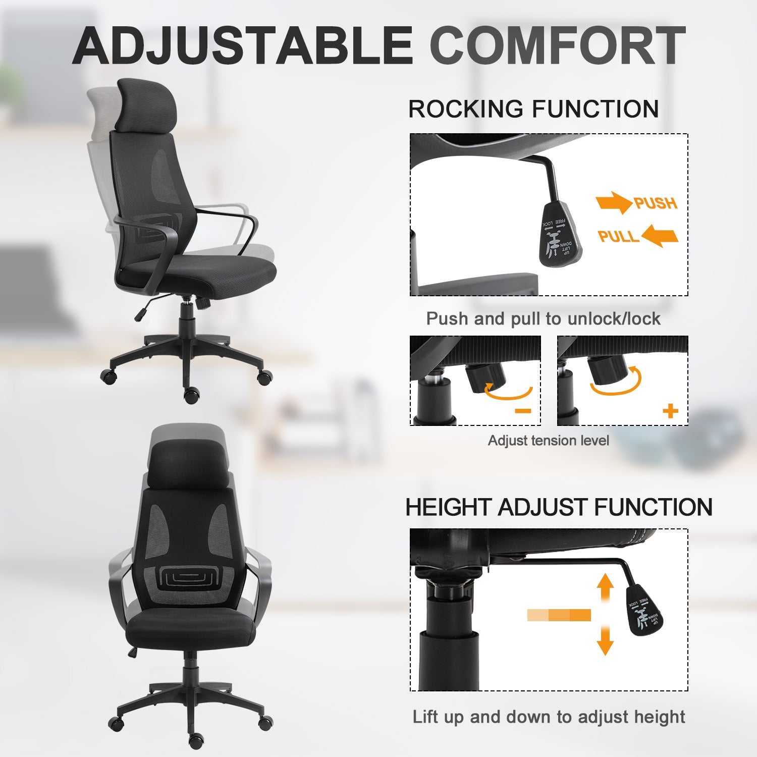 Vinsetto Breathable Mesh Office Chair: 2D Adjustable Headrest, Arm, High Back Desk Chair, Black 