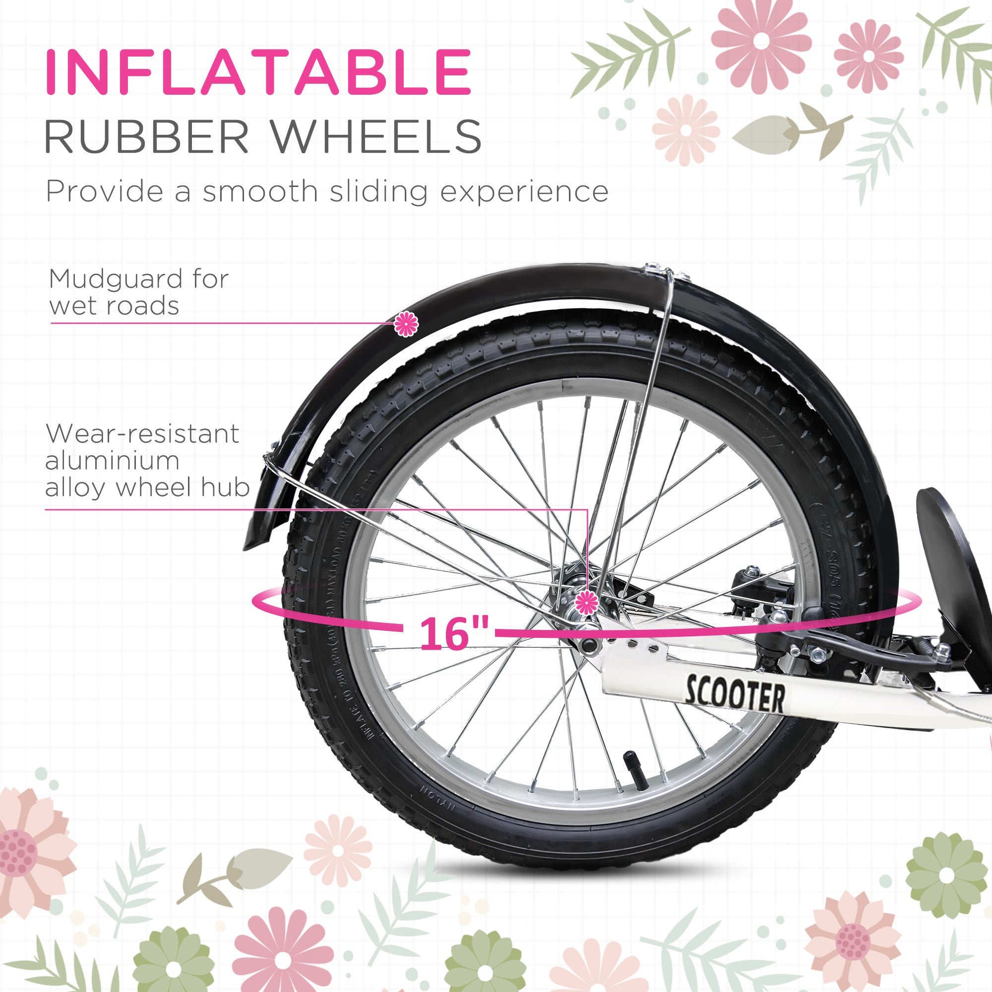 Aosom Kick Scooter for Kids Teens with Adjustable Handlebar Dual Brakes 16" Inflatable Rubber Tyres Outdoor Fun Pink 