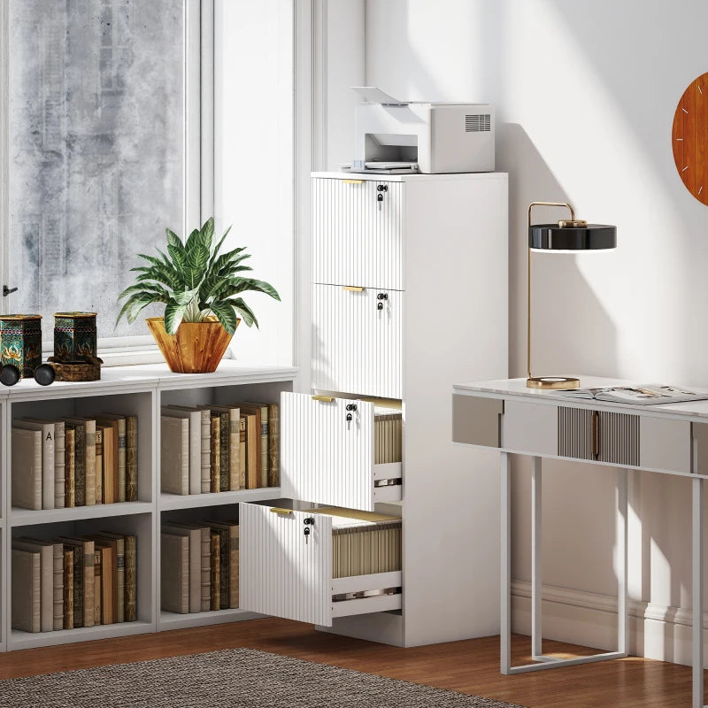 Lockable Filing Cabinet with 4 Fluted Drawers, File Cabinet with Adjustable Hanging Rails for A4 Letter Files, White