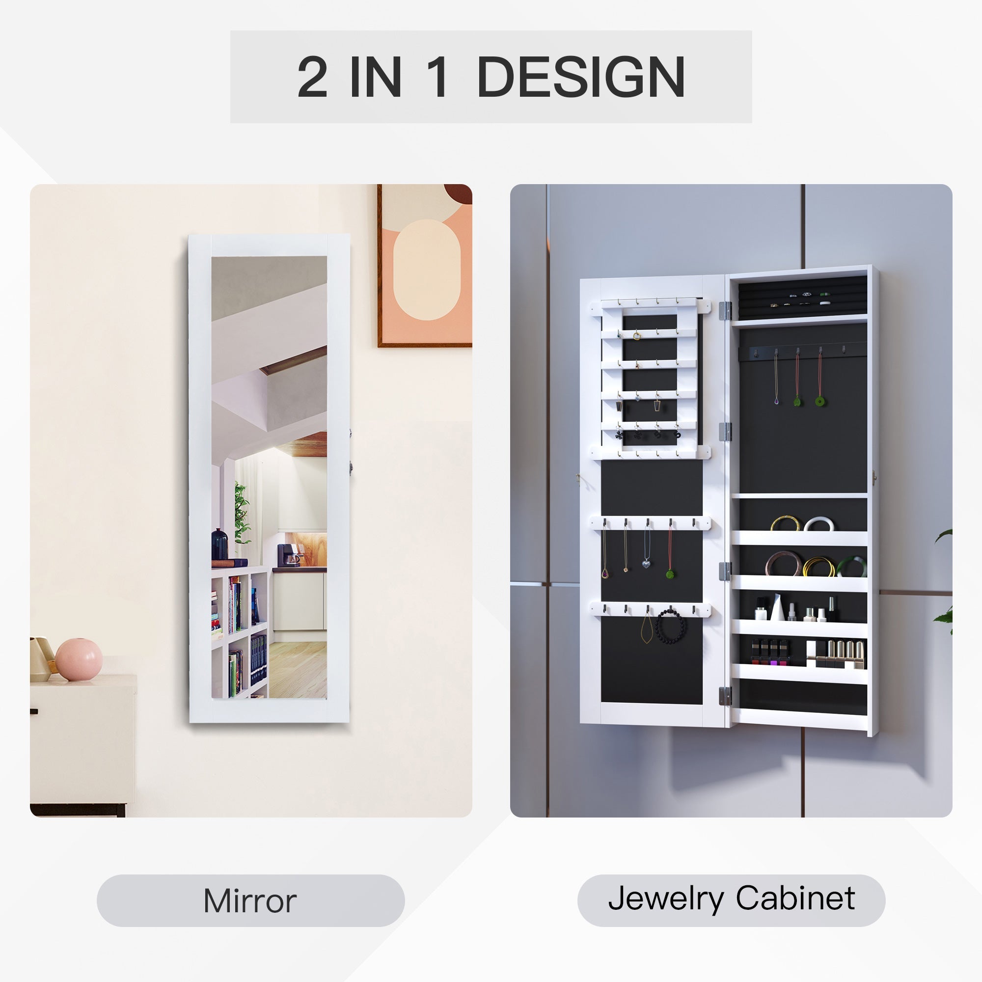 HOMCOM Wall-Mount Mirrored Jewelry Armoire: With Real Glass Mirror, Lockable Storage Organizer, White 