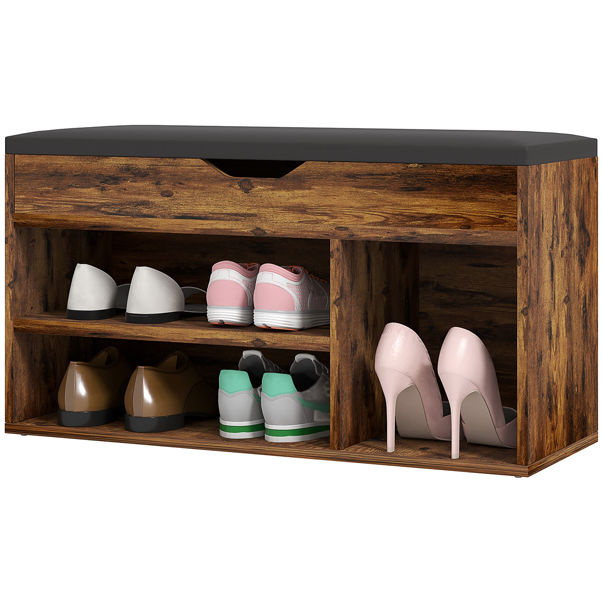 HOMCOM Shoe Bench Entryway Storage Rack with Padded Cushion, Hidden Storage for Hallway, Living Room, Rustic Brown 