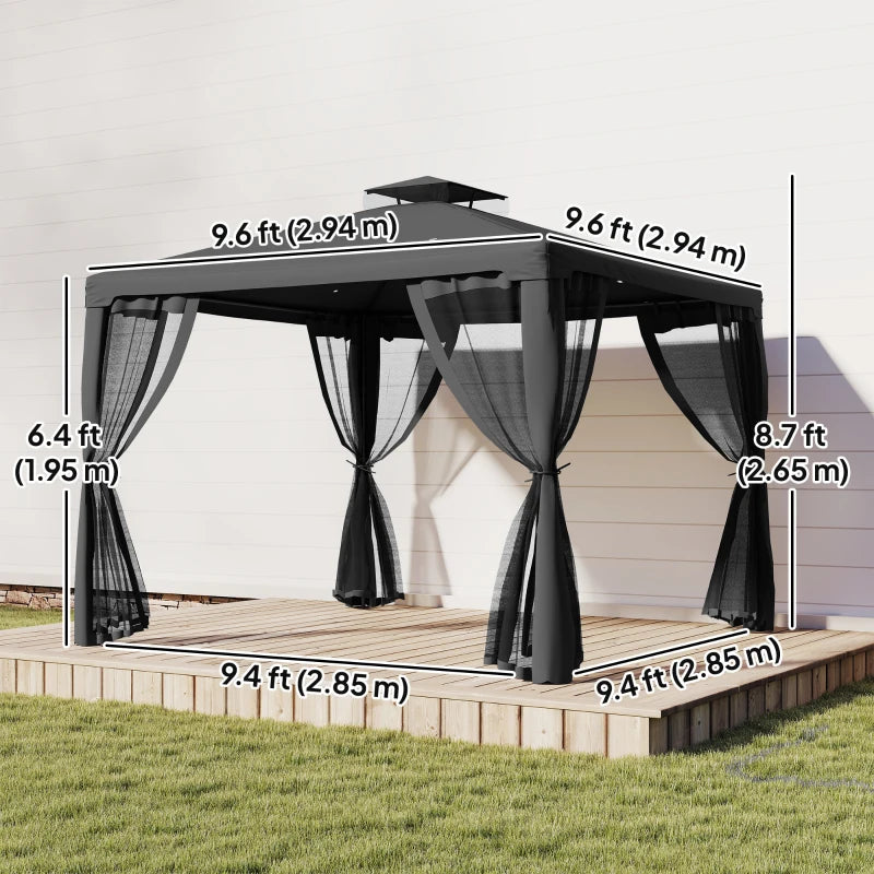 9.6' x 9.6' Patio Gazebo Outdoor Pavilion 2 Tire Roof Canopy Shelter Garden, Steel Frame w/ Mosquito Netting, Dark Grey