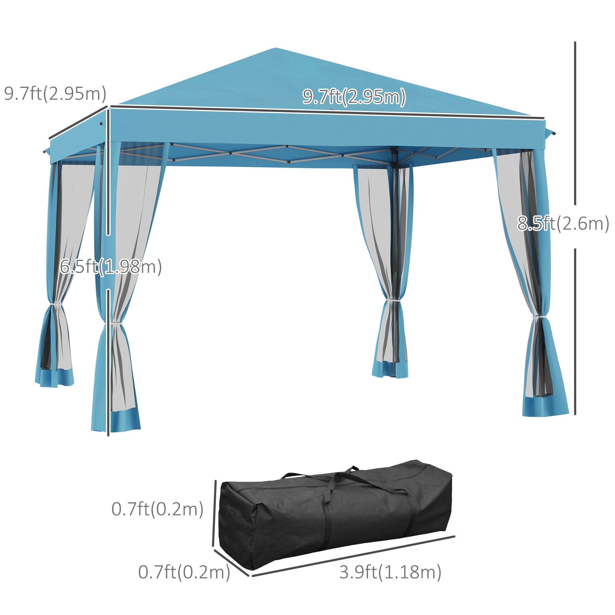 Outsunny 10' x 10' Pop Up Canopy Tent Gazebo with Removable Mesh Sidewall Netting, Carry Bag for Backyard Patio Outdoor, Light Blue 