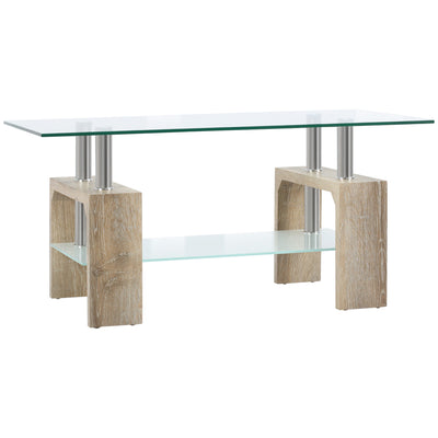 HOMCOM Natural Rectangle Glass Coffee Table: 2-Tier Table with Storage Shelf, Tempered Glass Top for Living Room 